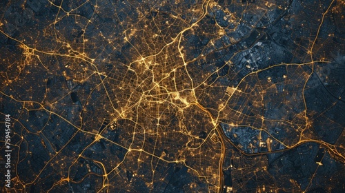 An aerial view of the city lights at night. Generative AI.