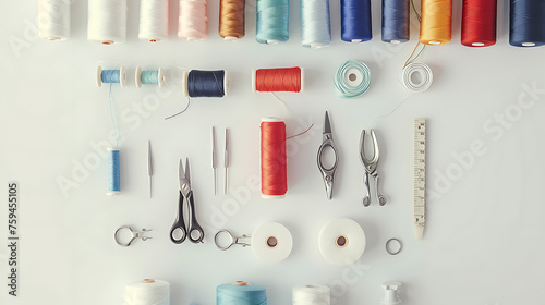 Sewing tools and accessories on white background, top view.