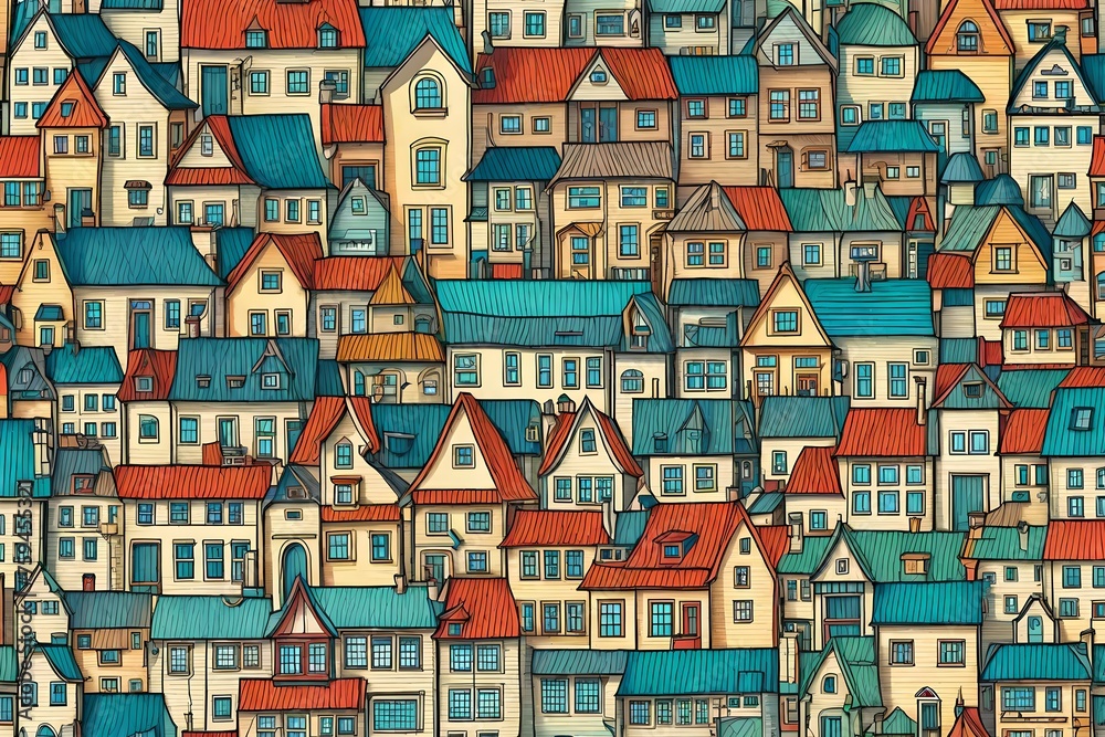 Urban landscape. Stylized cute houses. Seamless pattern. Hand drawing with colored pencils