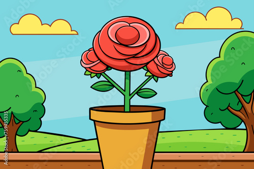 Crimson roses bloom vibrantly in an earthen pot against a sprawling tree backdrop.