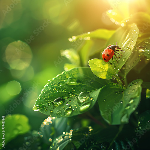 Ladybug on green leaf with dew drops. Nature background.