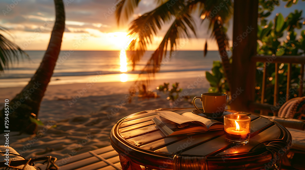 Morning coffee and book on the beach with sea 