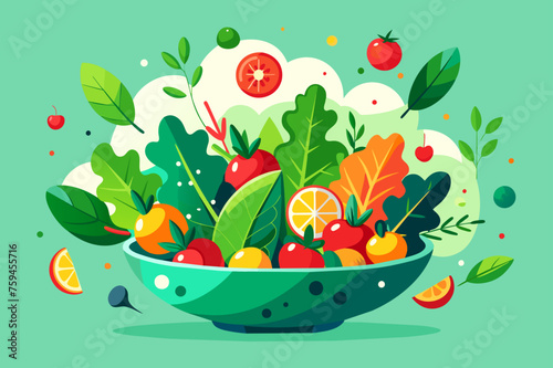 Salad food background is a beautiful and colorful photo of a salad with fresh greens, tomatoes, cucumbers, and onions.