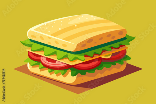 Sandwich with tomato, lettuce, and turkey on a white plate against a background of fresh ingredients and spices
