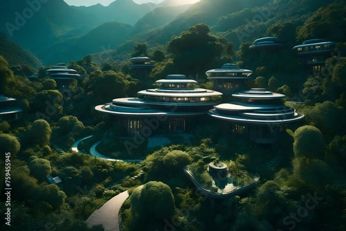 Landscape of a sci-fi futuristic architecture style village in nature, at dusk, surrounded by lush deciduous vegetation