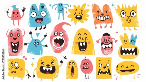 An abstract character with cute abstract shapes expresses a variety of emotions and actions.