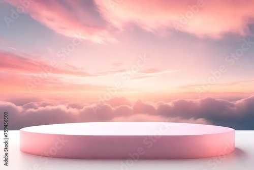 Front view of transparent podium decorated with pinky cloudy sky background abstract content photo