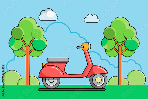 A lone scooter against towering trees.