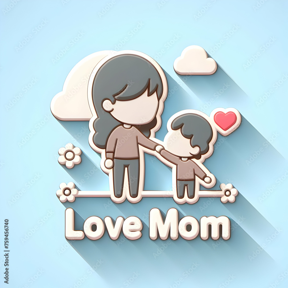 3D Flat Icon Mother and Child Silhouettes with Love Mom wording Overlay with white background and isolated cute chibi style 3D Flat Icon Mother and Child Silhouettes with Love Mom wording Overlay with white background and isolated cute chibi style