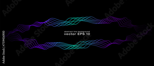 Abstract wavy dynamic blue green violet light lines curve banner on black background in concept technology, neural network, neurology, science, music, neon light photo