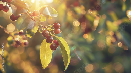  Sunlight filtering through the lush foliage, illuminating a cherry tree branch adorned with ripe