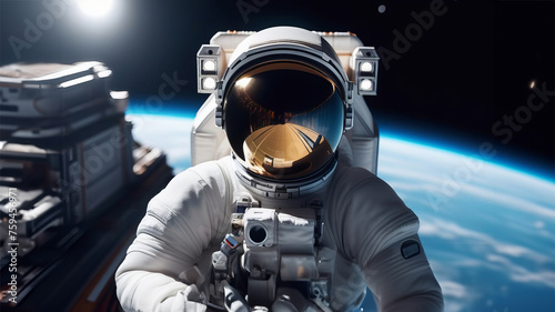 Spaceman astronaut floating in outer space. Earth planet and space station on background. Designed for fantastic, futuristic, science or space travel backgrounds. Earth day cosmonautics day concept photo