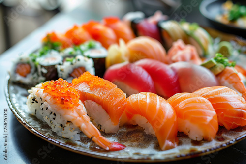 Fresh Sushi Platter with vibrant colors and delicate presentation of nigiri, sashimi on a scandinavic background  photo