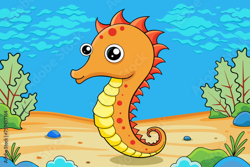 A cute seahorse swims amidst a verdant forest of vibrant coral.