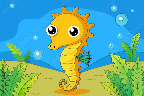 An adorable seahorse gracefully swims amidst a verdant underwater forest of delicate trees.