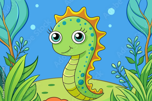 A cute seahorse swims amidst a vibrant coral reef, its delicate tendrils reaching out towards lush seaweed.
