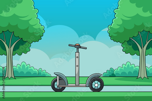 Serene scene depicts a lone Segway rider gliding through a verdant forest path.