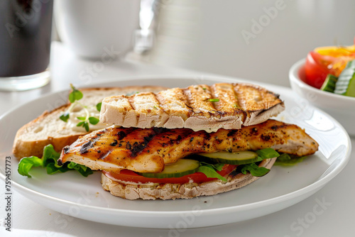 Delicious Grilled Chicken Sandwich on White Plate Gen AI