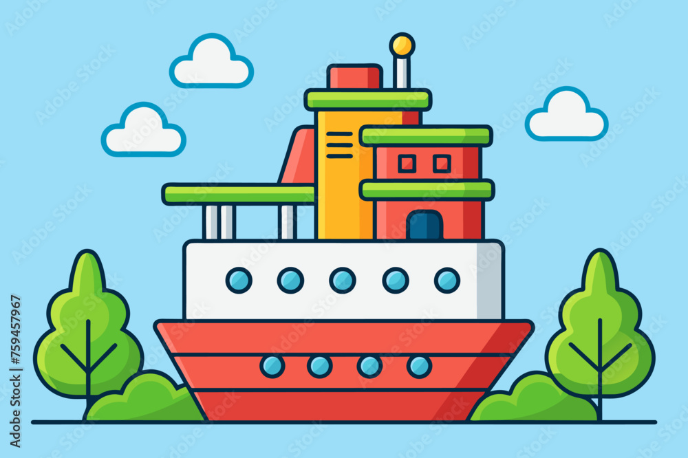 A ship is sailing in the ocean with a forest of tall trees in the background. A ship is sailing in the ocean with a forest of tall trees in the background.