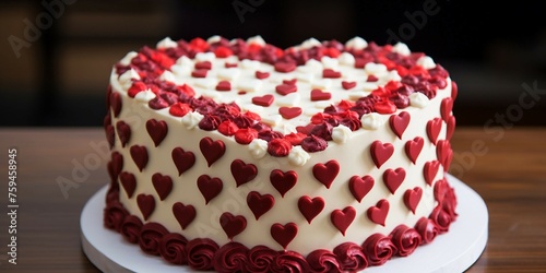 Heart-shaped cake with red and white hearts on the top.