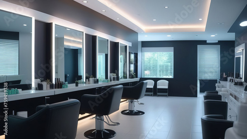 Interior of a modern beauty salon, nail area. Manicure workplace with lamps and cozy chairs in the barbershop. Concept of interior design for hairdressers and nail artists. Nail salon