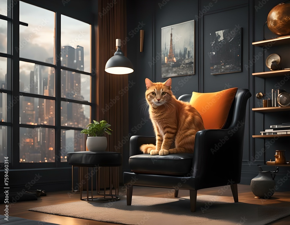 Orange Tabby Cat sitting on a black chair in modern living room. Stock ...