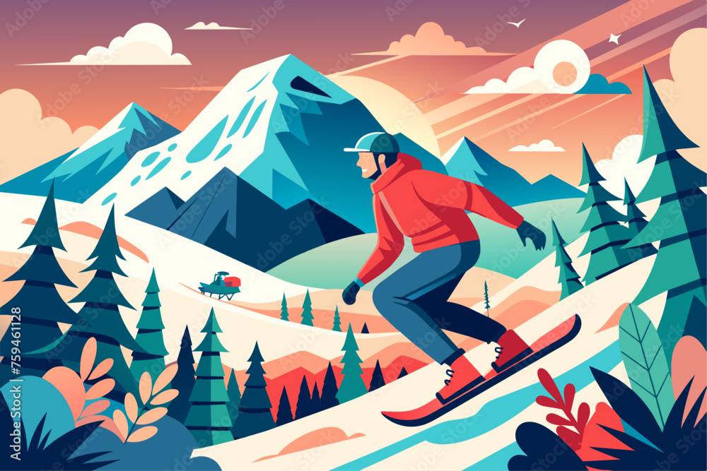 Snowy mountains and a snowboarder in mid-air against a blue sky, capturing the thrill of winter sports. Snowy mountains and a snowboarder in mid-air against a blue sky, capturing the thrill of winter sports.