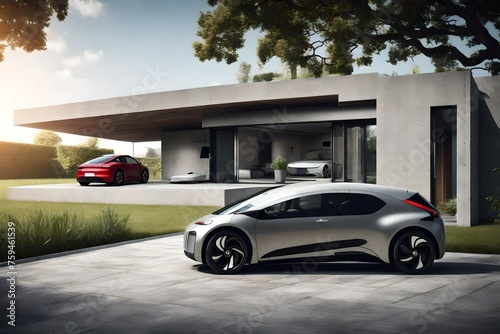 Modern concrete house and electric car