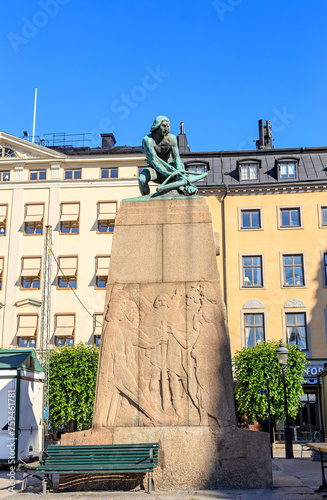 Stockholm, Sweden. Statue of the Crossbow Mounted in the center of Kornhamnstorg Square in 1916 photo