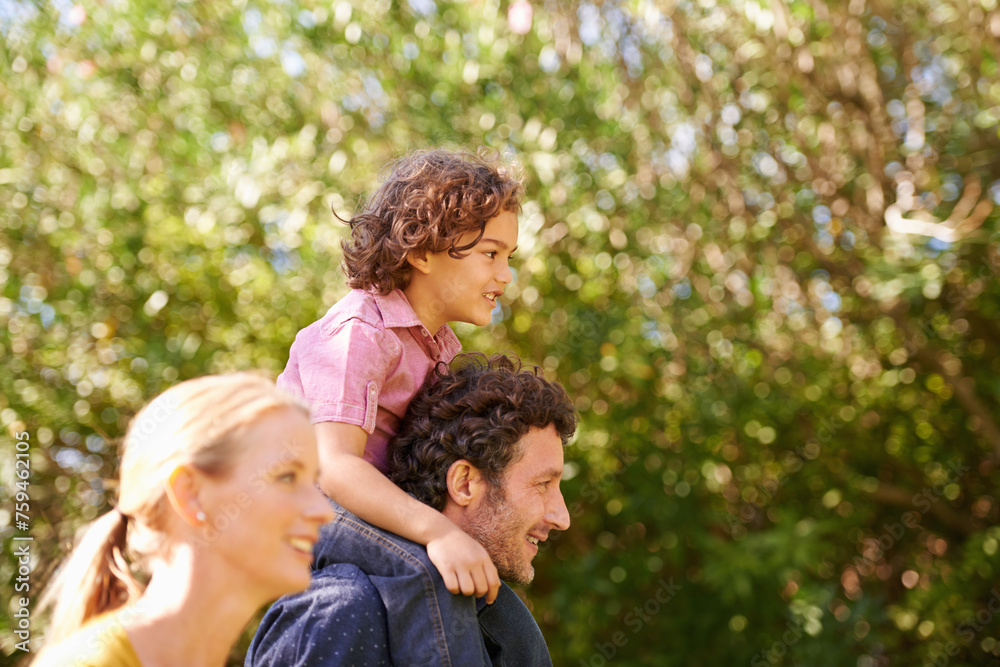 Piggyback, parents and child in nature on shoulder, happy care and bonding with kid smile in park. People, outside walking and family together in summer, love and growth for children development Piggyback, parents and child in nature on shoulder, happy care and bonding with kid smile in park. People, outside walking and family together in summer, love and growth for children development