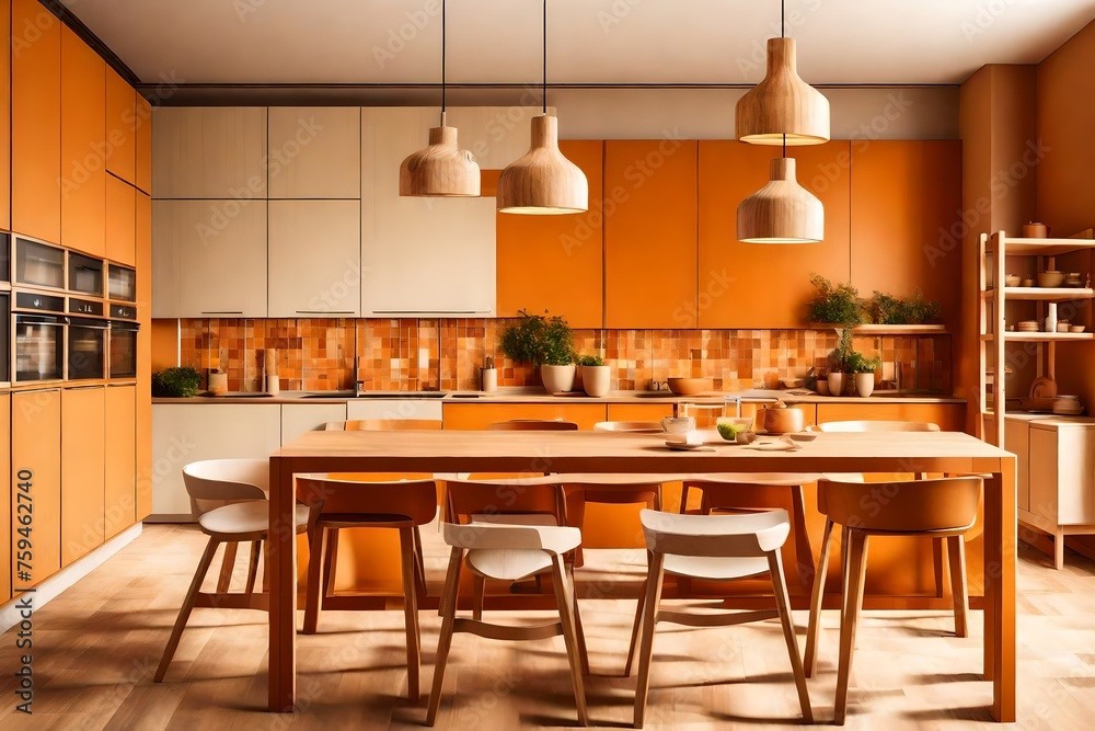 Cosy wooden sustainable dining room and kitchen in orange tones with ceramic tiles. Cabinets, shelves, pan and appliances, table with chairs. Environmental friendly interior design