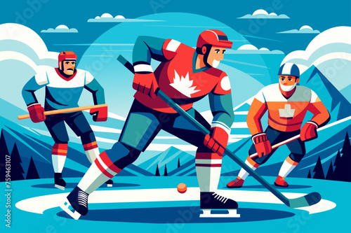 Professional hockey players perform a face-off while their teammates skate behind them in a blurry motion, creating a dynamic and action-packed background.