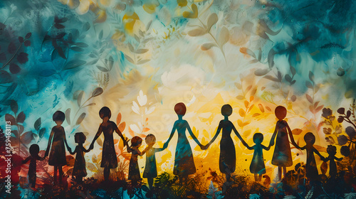 Silhouette of mother holding child's hand in line, with watercolor leaves in background, depicting love and care. photo