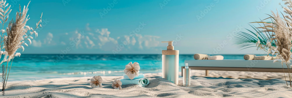 A beach scene with a bottle of lotion and a bottle of sunscreen on the sand