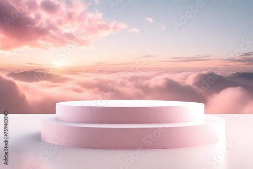 Front view of transparent podium decorated with pinky cloudy sky background abstract content 