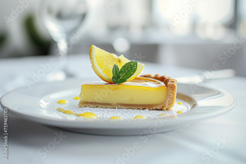 Delicious Lemon Tart on White Plate with Minimalist Setting Gen AI photo
