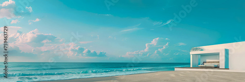 A beach with a white house in the distance