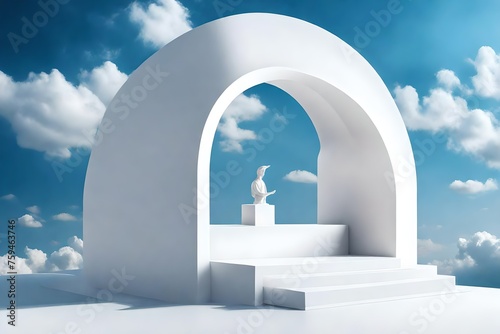 image of huge white arched product podium located on surface with moon figurine against blue cloudy sky