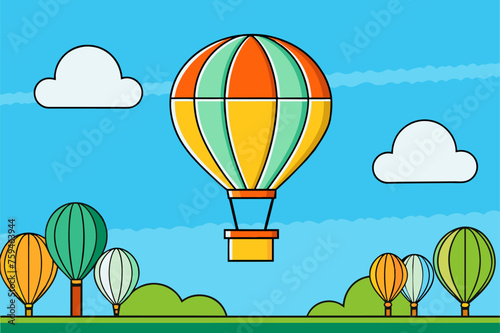 Hot air balloons float gracefully amidst a backdrop of verdant trees and azure skies, promising an unforgettable aerial adventure.