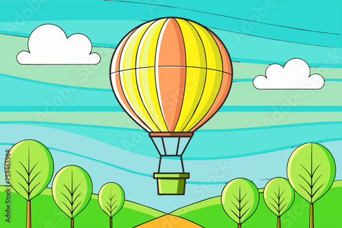 Hot air balloons float gracefully amidst a backdrop of verdant trees and azure skies, promising an unforgettable aerial adventure.