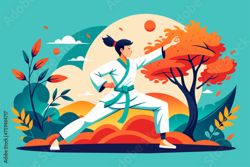 A karateka strikes a pose in front of a dramatic tree-lined background, conveying the strength and serenity of the martial art.