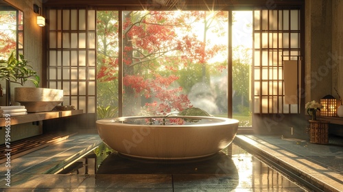 Luxurious bathroom in Japanese architectural style.