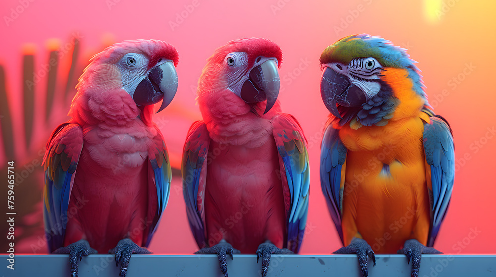 Three macaws, two scarlet and one blue and yellow, perched on a fence. Vibrant outdoor portrait with red gradient background. Exotic birds and nature concept. Design for banner, wallpaper, poster - obrazy, fototapety, plakaty 