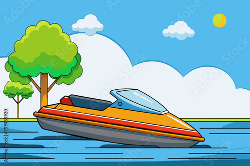 A jet ski is casually parked on the calm waters of a lake against a backdrop of lush green trees.
