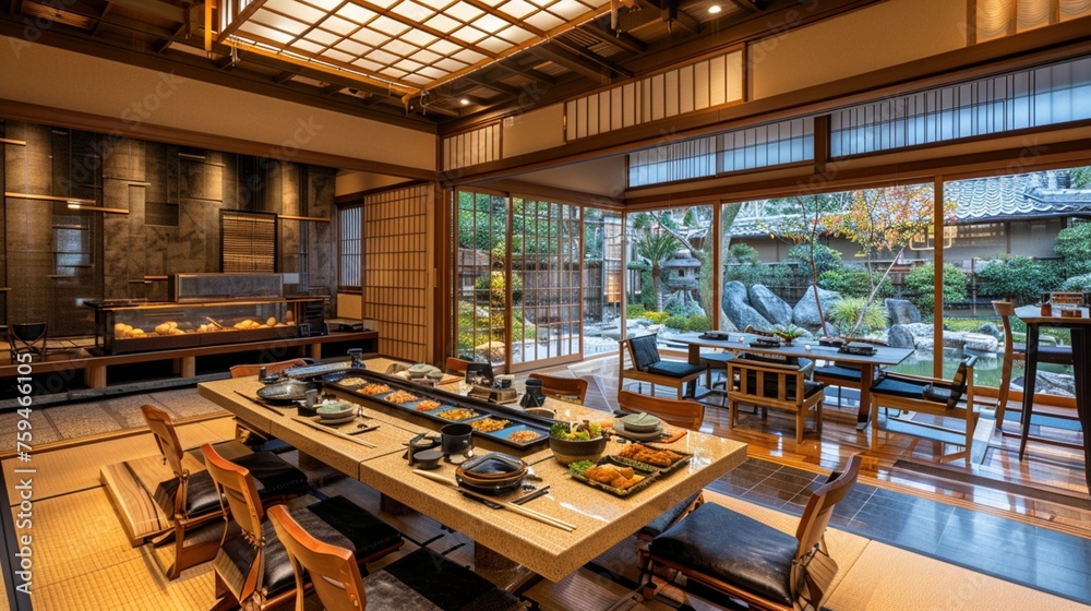 The architecture of the dining room is luxurious in Japanese style, a variety of food is served on the table.