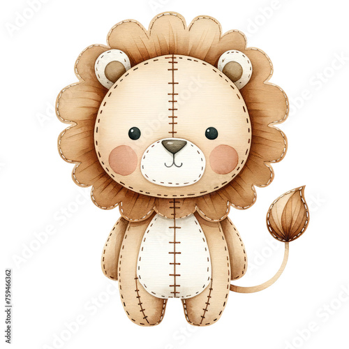 A watercolor illustration of a cute lion, with stitching lines only on the body edges, png, 300dpi