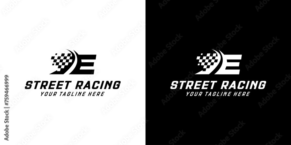 Letter E with Racing flag icon on black and white background, racing,automotive,road logo - obrazy, fototapety, plakaty 