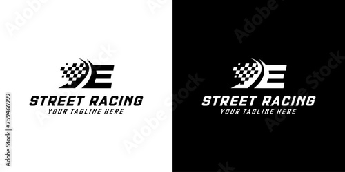 Letter E with Racing flag icon on black and white background, racing,automotive,road logo