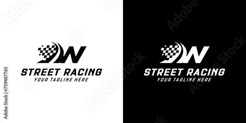 Letter W with Racing flag icon on black and white background, racing,automotive,road logo
