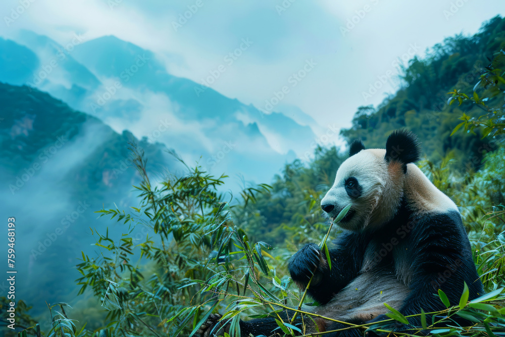 Obraz premium Serene Giant Panda in misty mountain habitat, leisurely enjoying bamboo